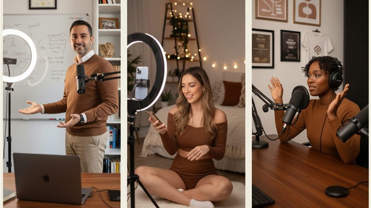 Three content creators at work: an instructor presenting to a camera at a whiteboard, a lifestyle creator filming on a phone with a ring light, and a podcaster recording at a studio microphone.