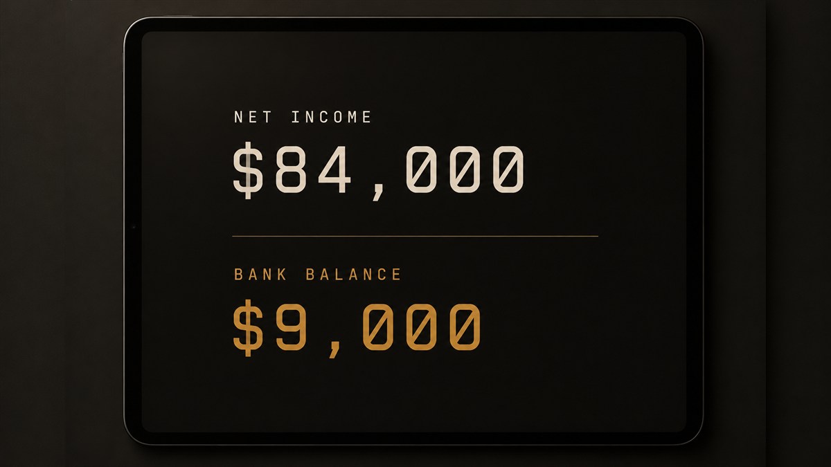 A profit and loss statement showing $84,000 of net income displayed beside a bank balance of $9,000 on the same screen.
