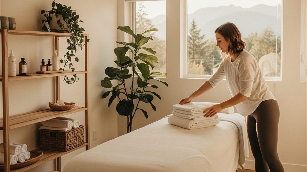 A massage therapist folding fresh towels onto a treatment table in a bright BC wellness clinic, mountains visible through the window.