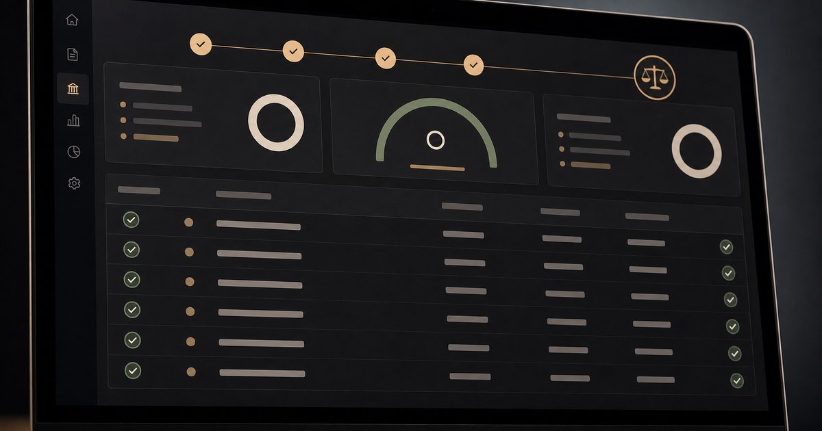 A dark bookkeeping reconciliation dashboard with matched transaction rows and balance indicators.